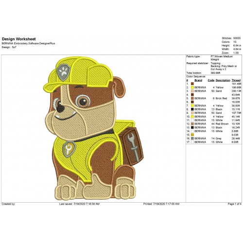 Paw Patrol Rubble Pup Full Embroidery Design