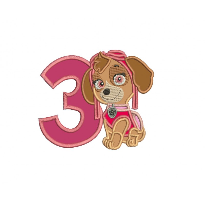 Paw Patrol Skye with a Number 3 Applique Design
