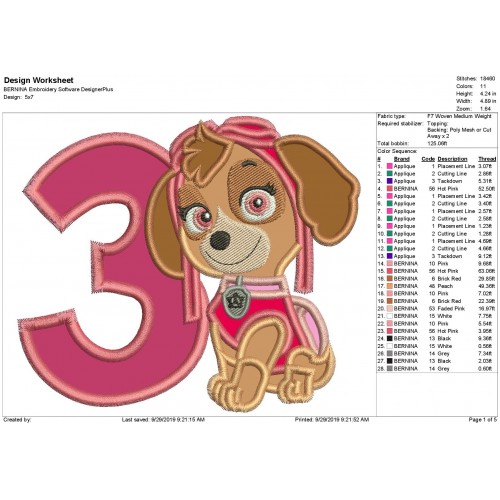 Paw Patrol Skye with a Number 3 Applique Design