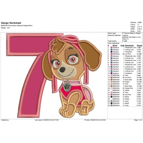 Paw Patrol Skye with a Number 7 Applique Design