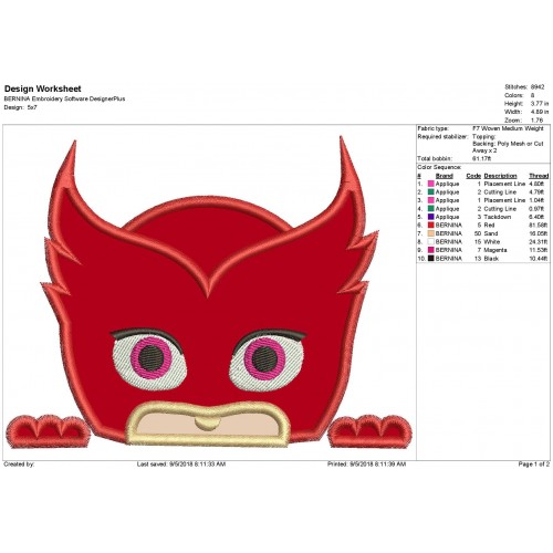 Peeker Owlette Pj Mask Applique Design