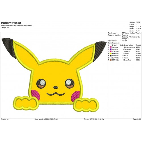 Peeker Pikachu Applique Design