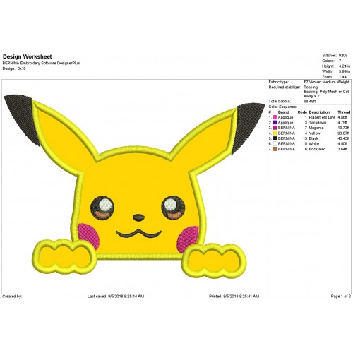 Peeker Pikachu Applique Design