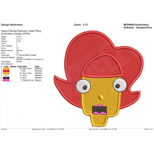 Petunia Robinson Head Filling Embroidery Design