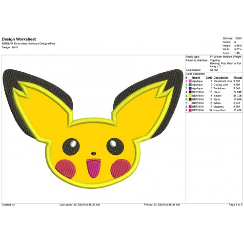 Pichu Pokemon Applique Design
