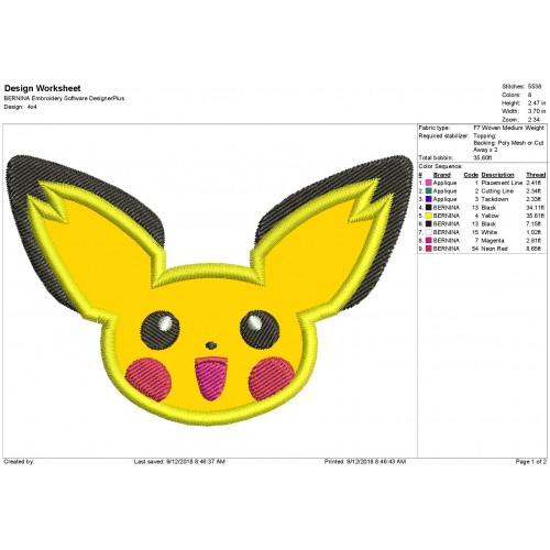 Pichu Pokemon Applique Design