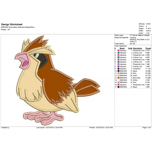 Pidgey Pokemon Applique Design