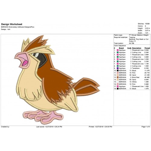 Pidgey Pokemon Applique Design