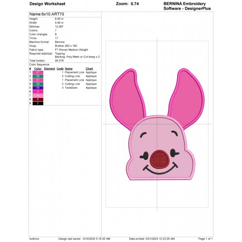 Piglet Face Applique Design Embr