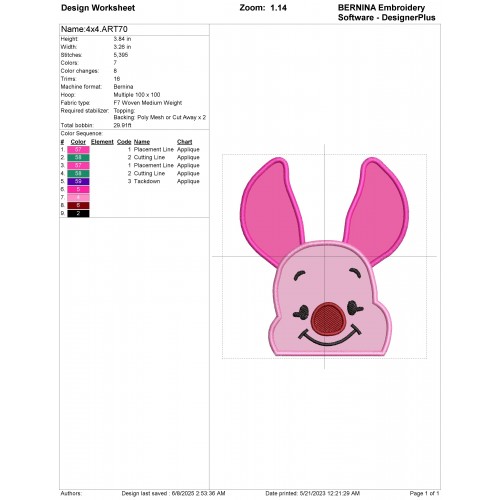 Piglet Face Applique Design Embr