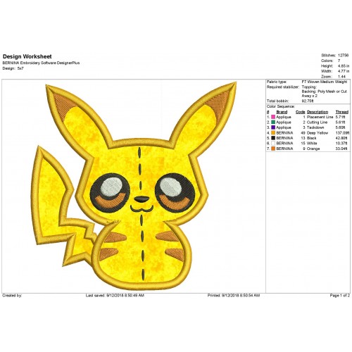 Pikachu Applique Design
