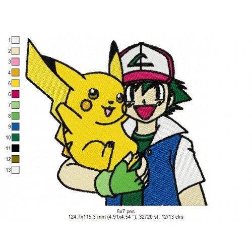 Pikachu and Ash Embroidery Design