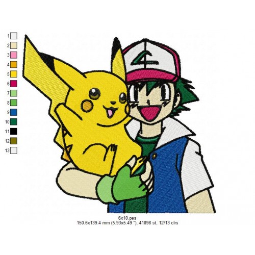 Pikachu and Ash Embroidery Design