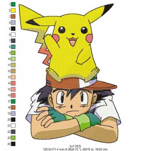 Pikachu and Ash Pokemon Embroidery Design