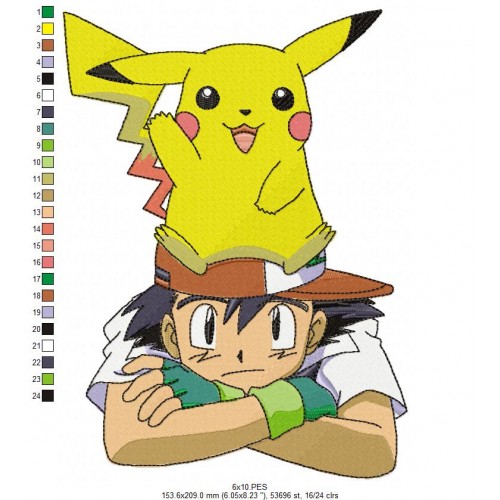 Pikachu and Ash Pokemon Embroidery Design