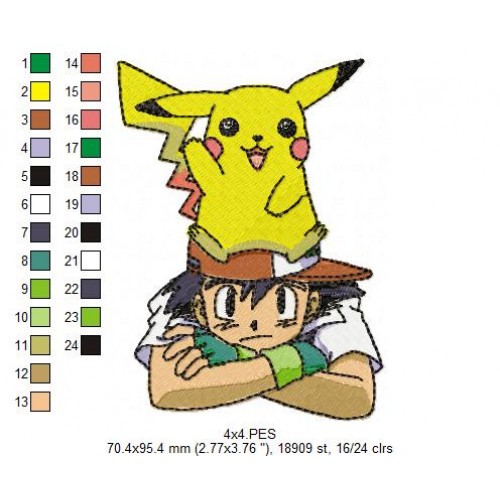 Pikachu and Ash Pokemon Embroidery Design
