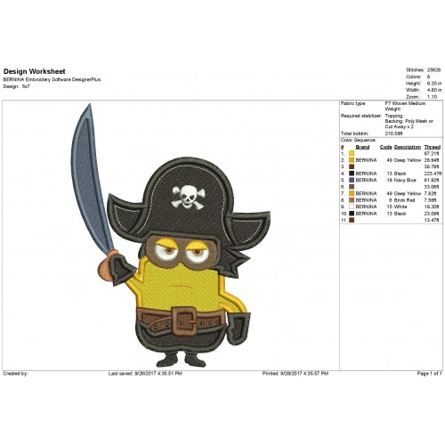 Pirate Minion Filled Embroidery Design