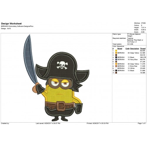 Pirate Minion Filled Embroidery Design