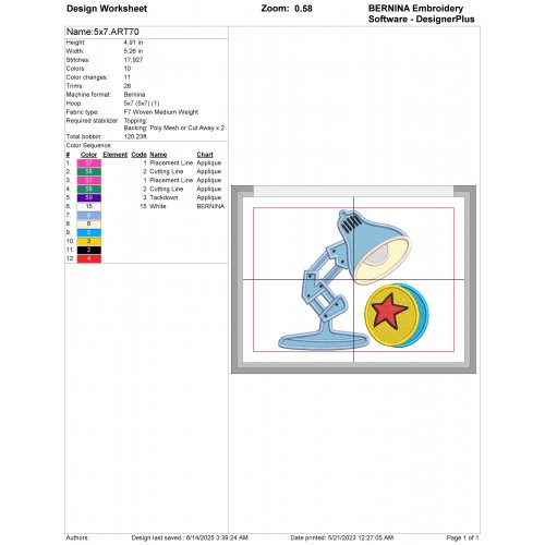 Pixar Lamp Disney Applique Design Embr