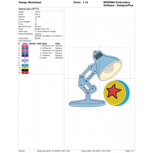 Pixar Lamp Disney Applique Design Embr