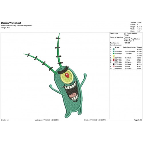 Plankton SpongeBob Squarepants Fill Stitch Embroidery Design