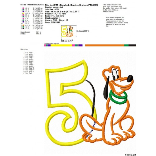 Pluto Disney Dog 5th Birthday Applique Design