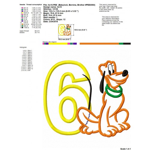 Pluto Disney Dog 6th Birthday Applique Design
