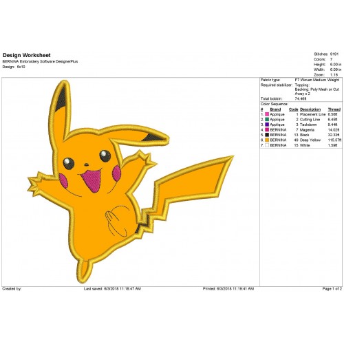 Pokemon PIKACHU Machine Applique Design