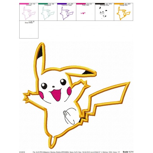 Pokemon PIKACHU Machine Applique Design