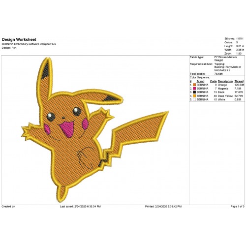 Pokemon PIKACHU Machine Filled Embroidery Design