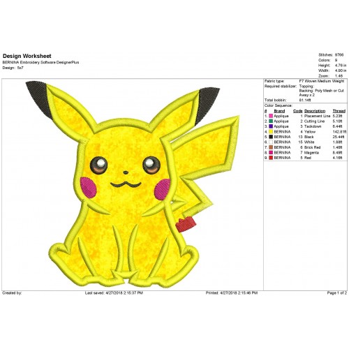Pokemon Pikachu Applique Design