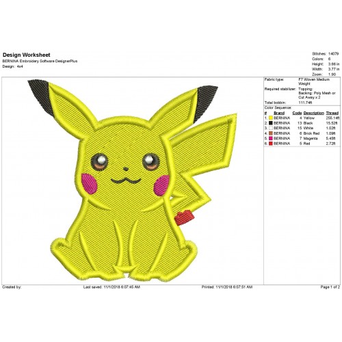 Pokemon Pikachu Filled Embroidery Design