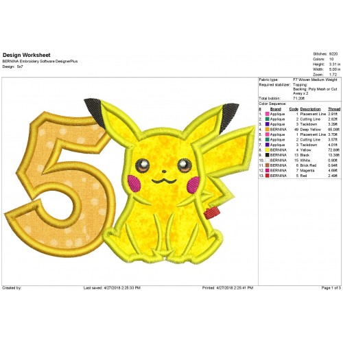 Pokemon Pikachu with a Number 5 Applique Design