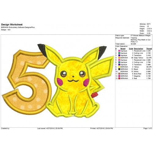 Pokemon Pikachu with a Number 5 Applique Design