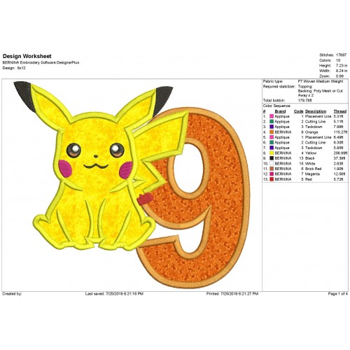 Pokemon Pikachu with a Number 9 Applique Design