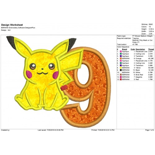 Pokemon Pikachu with a Number 9 Applique Design