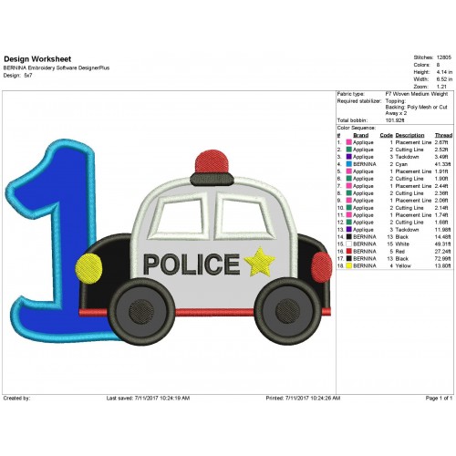 Police Car 1st Birthday Applique Design