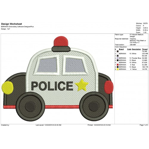 Police Car Fill Stitch Embroidery Design