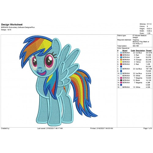 Pony Rainbow Filled Stitch Embroidery Design