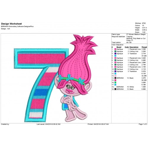 Poppy Troll with a Number 7 Applique Design