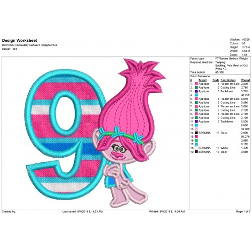 Poppy Troll with a Number 9 Applique Design