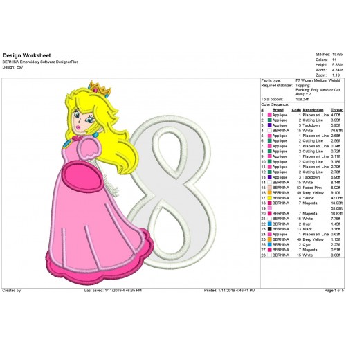 Princess Peach with a Number 8 Applique Design