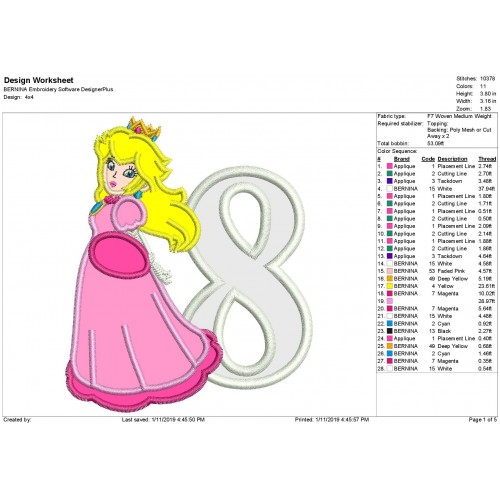 Princess Peach with a Number 8 Applique Design