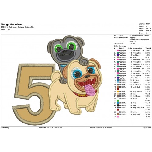 Puppy Dog Pals and Rolly with a Number 5 Applique Design
