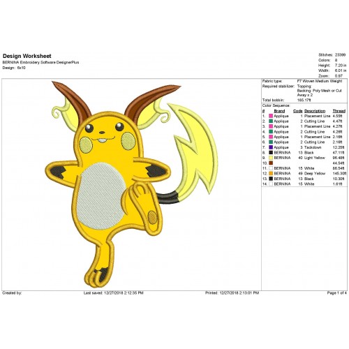 Raichu Pokemon Applique Design