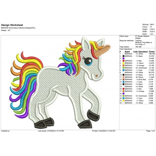 Rainbow Unicorn Filled Embroidery Design