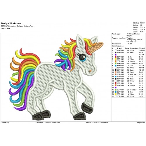 Rainbow Unicorn Filled Embroidery Design
