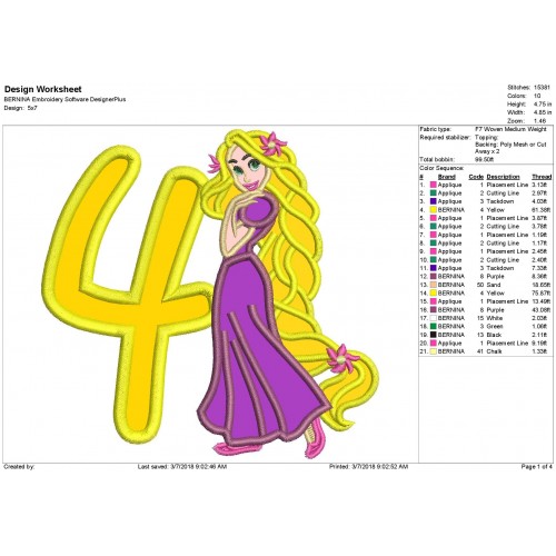 Rapunzel Disney Princess 4th Birthday Applique Design