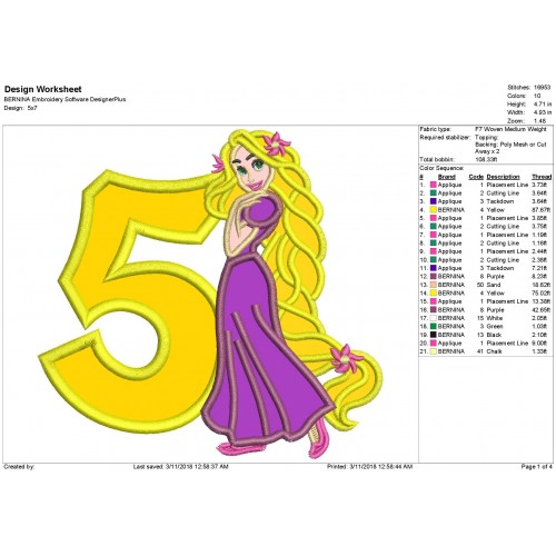 Rapunzel Disney Princess 5th Birthday Applique Design