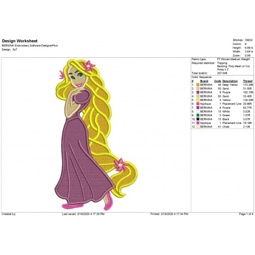 Rapunzel Disney Princess Filled Embroidery Design